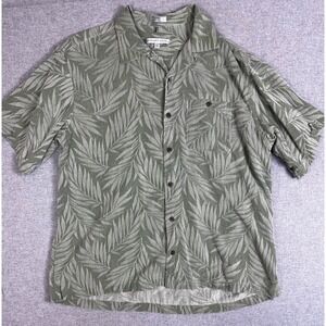 Silk Hawaiian Shirt Mens XL Green Tropical Palm Leaf Floral Button Down Short Sl